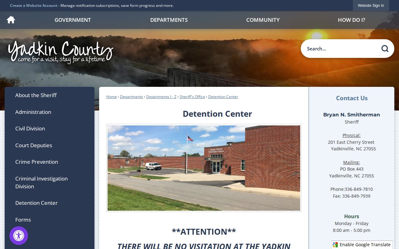 Yadkin County Detention Center official facility and booking information