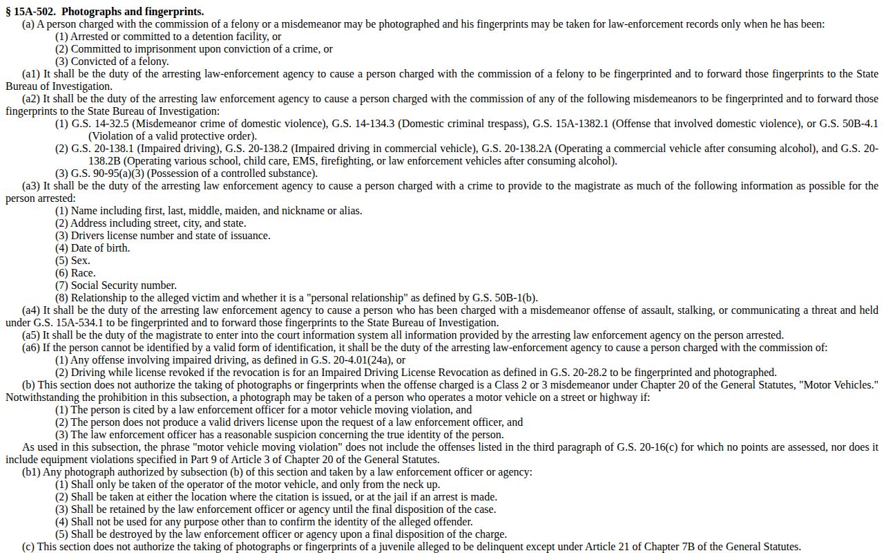North Carolina statute on photographs and fingerprints in Yadkin County booking records