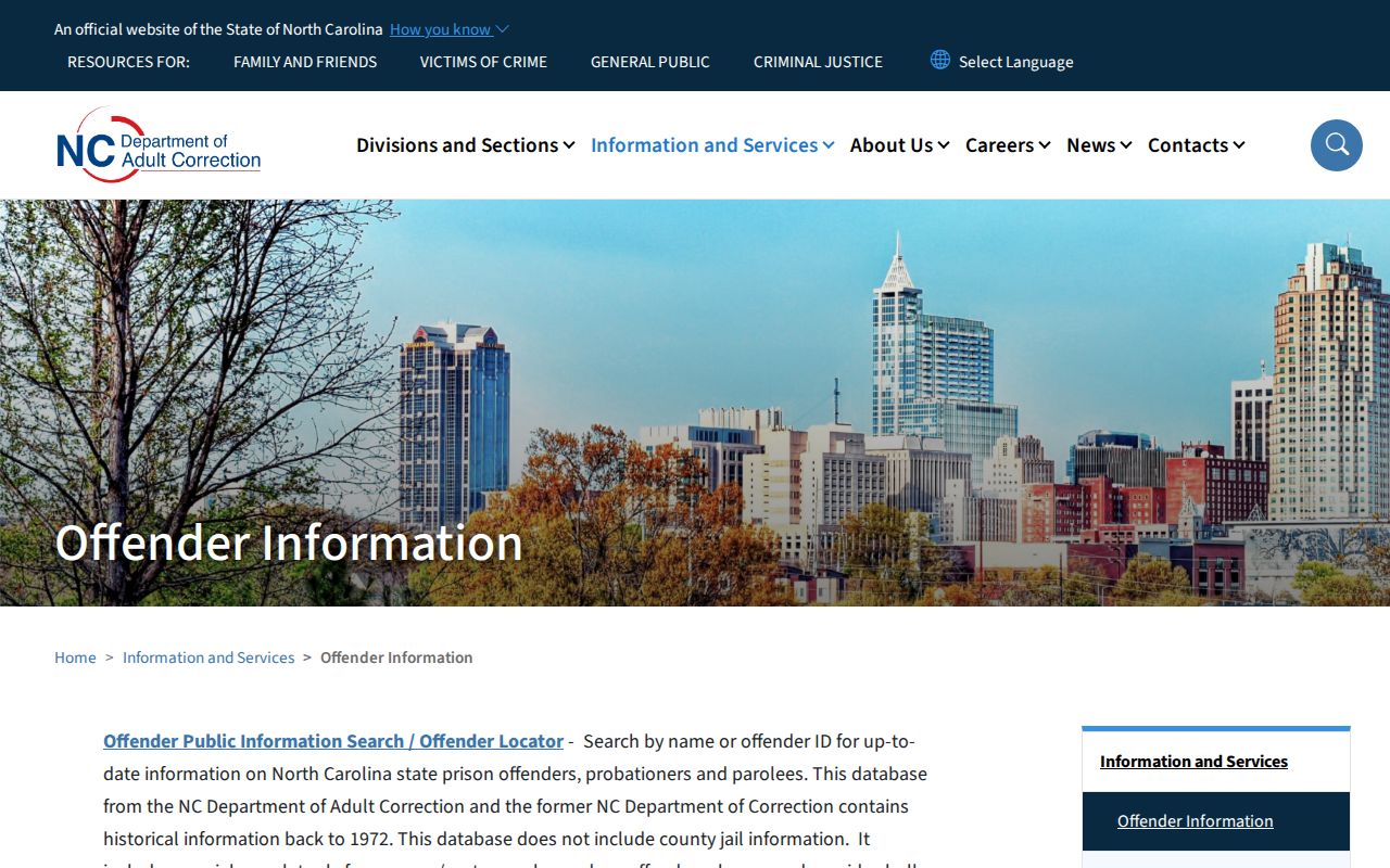 North Carolina Department of Adult Correction offender search for state custody