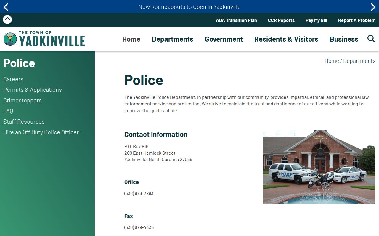 Yadkinville Police Department official page for city arrest records